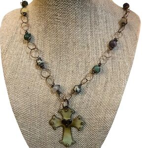 Gold and Green Cross Pendant Necklace